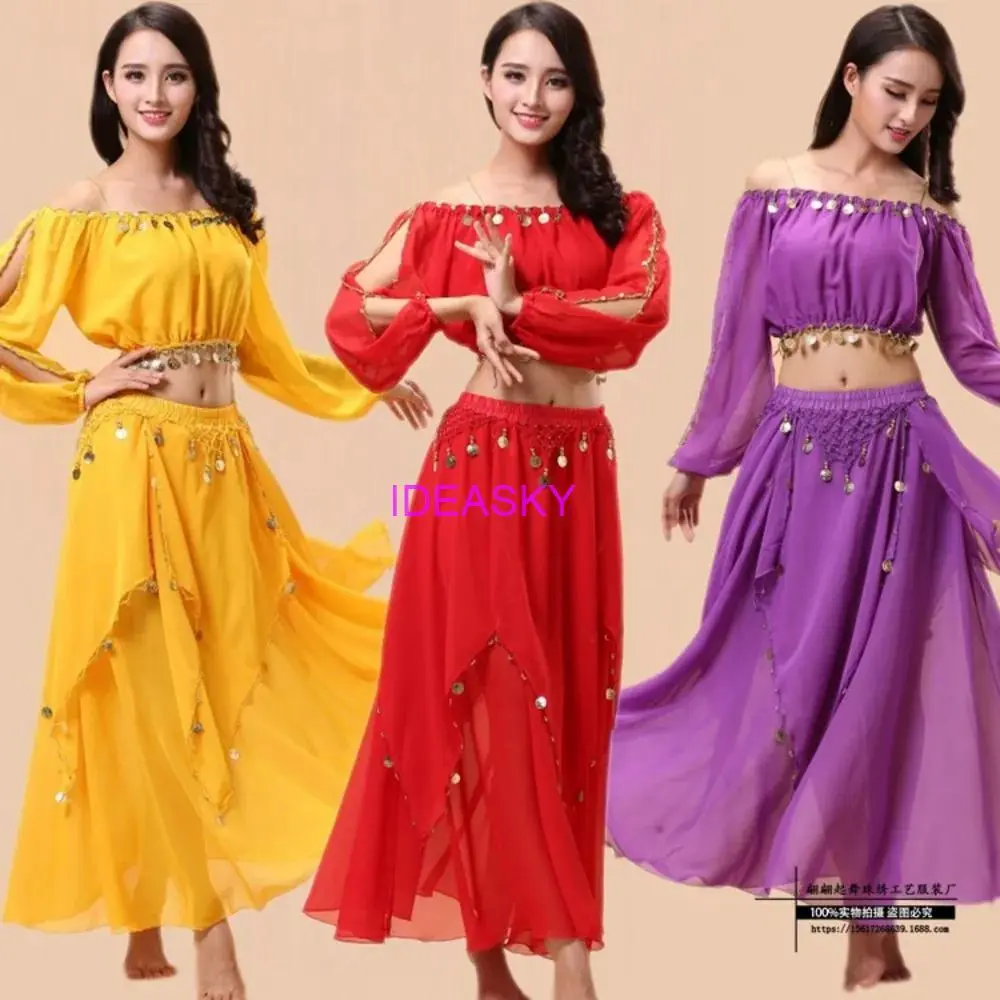 2pcs bollywood bellydance Women Oriental Sari indian arabic dance wear caderines Broadcasting suit practice clothe Female skirt