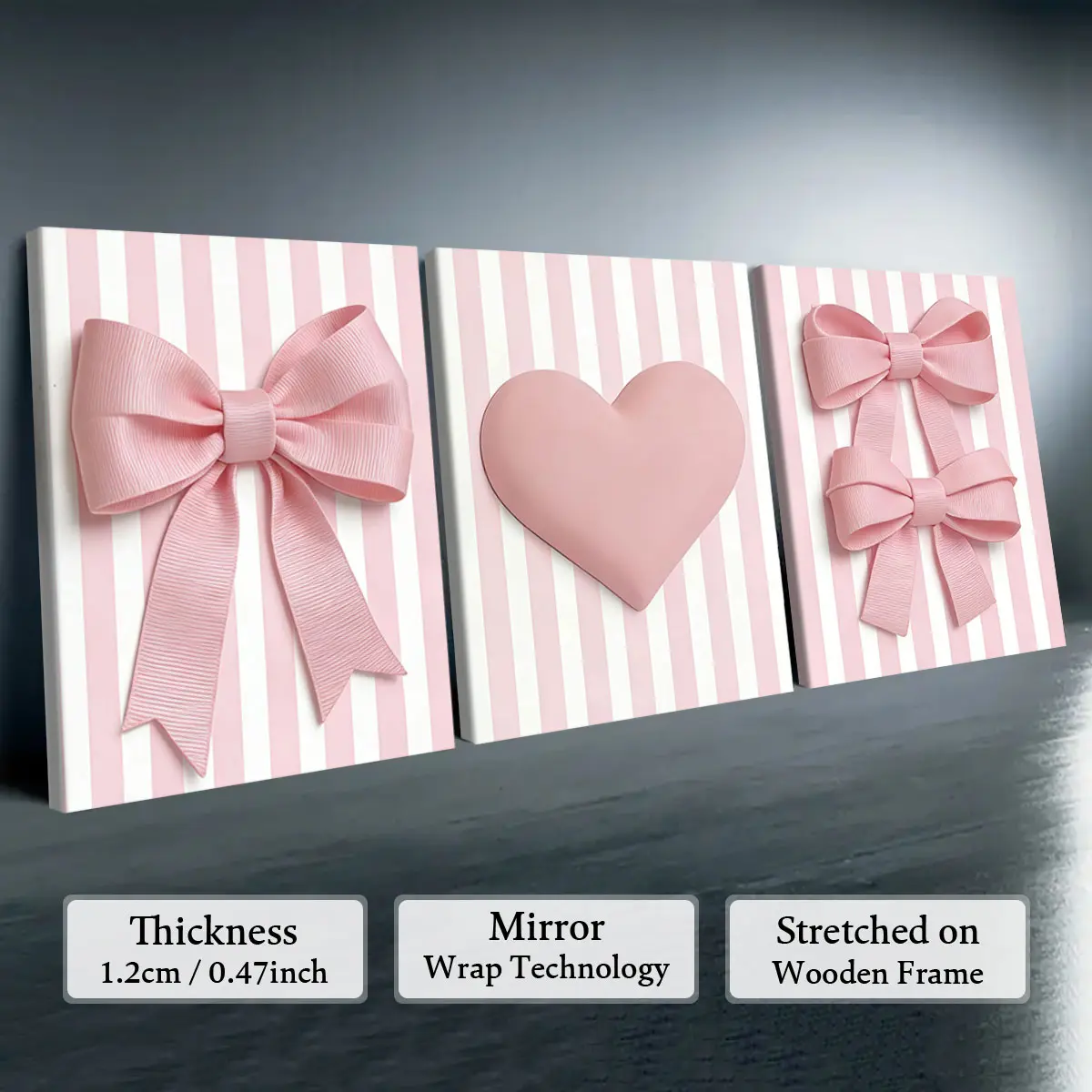3-Piece Wooden Frame Canvas Art Set with Striped Bow Heart Design, Waterproof Hanging Wall Art, Wall Prints for Living Room and Bedroom Home Decor