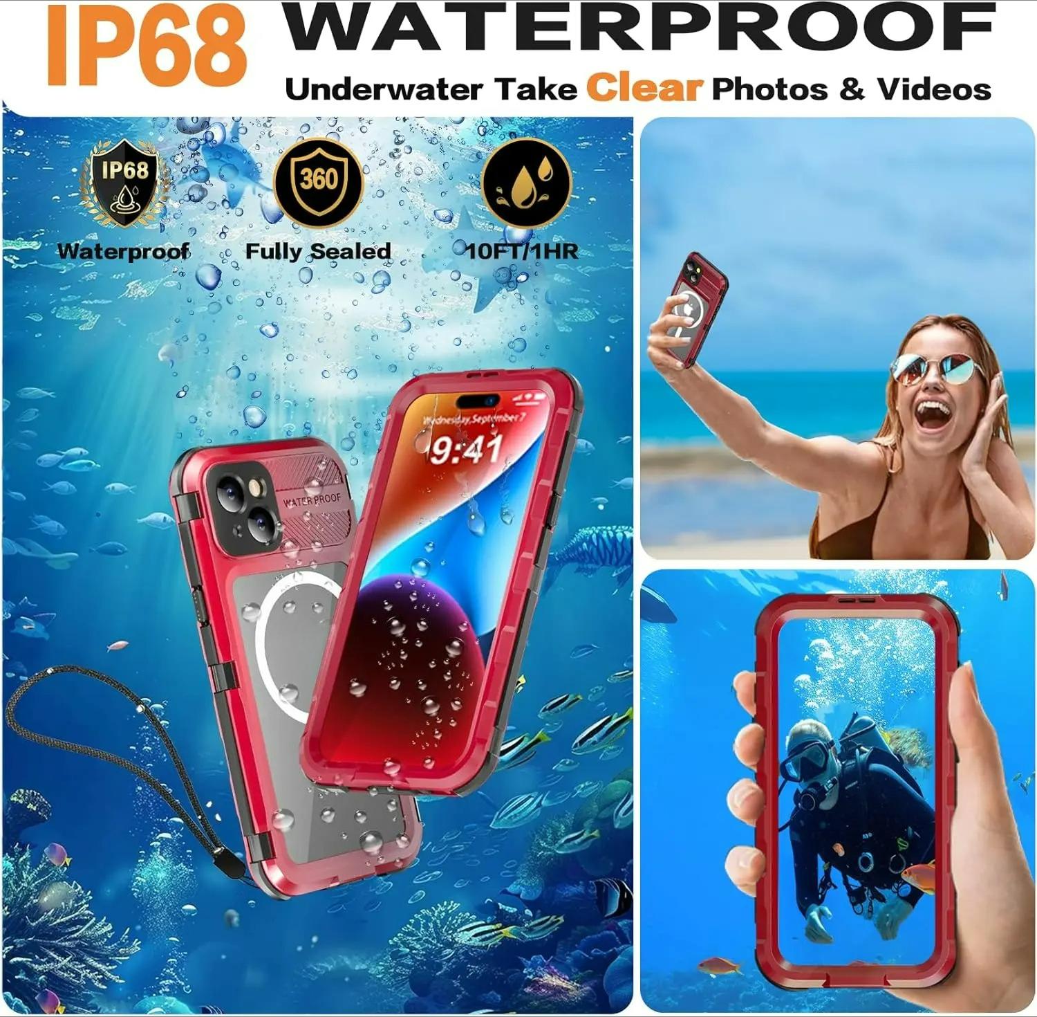 Case For iPhone 14 15 16 Pro Max 16 Plus IP68 Underwater Waterproof Metal Cover with Heavy Duty Shell Screen Protector