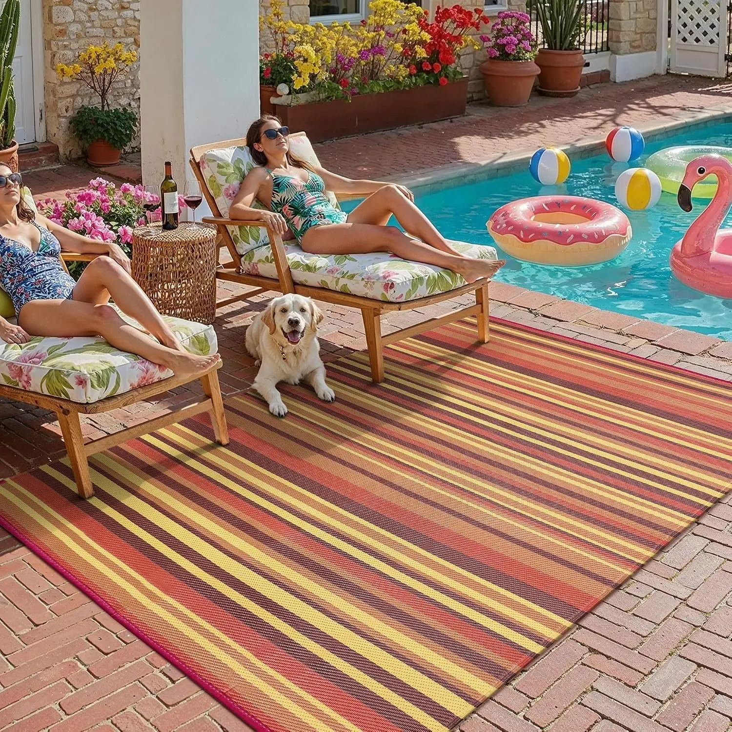 Outdoor Plastic Straw Rug Waterproof Patio 5x8 Red Orange Stripe Mat for Porch Camping RV Balcony Deck Courtyard Reversible Lightweight Durable Portable Carpet