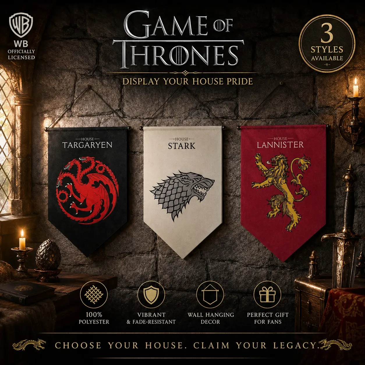 Game of Thrones Officially Licensed Wall Banner, House Stark Lannister Targaryen Flag, Dorm Room Decor, Gaming Setup, Home Ornament