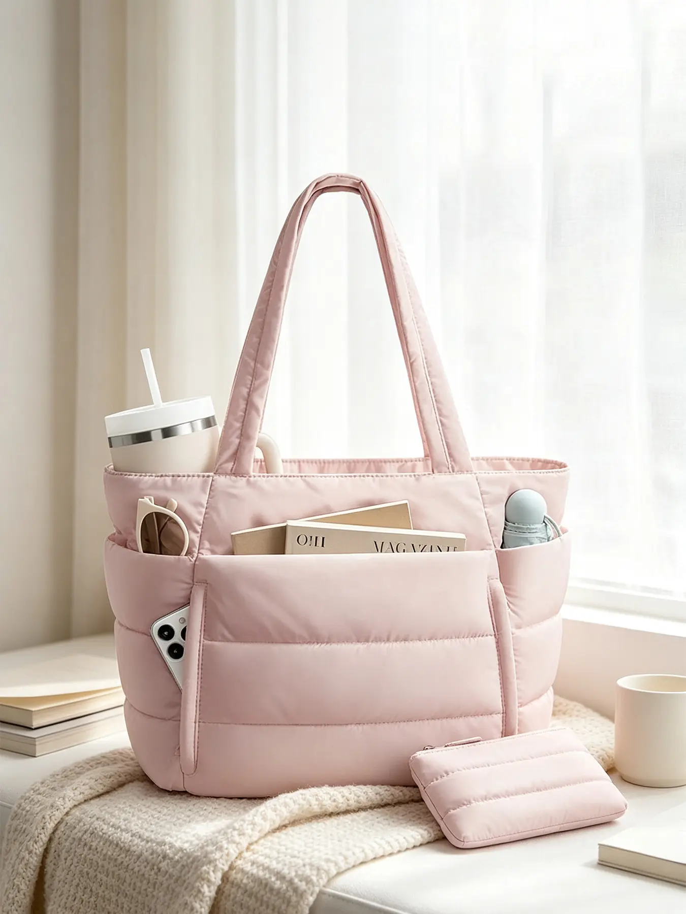 1 Pack Light Pink Padded Tote Bag with Matching Small Pouch, Women Multi-Pocket Shoulder Handbag, Large Capacity Daily Bag for Office Work, Shopping and Weekend Outings
