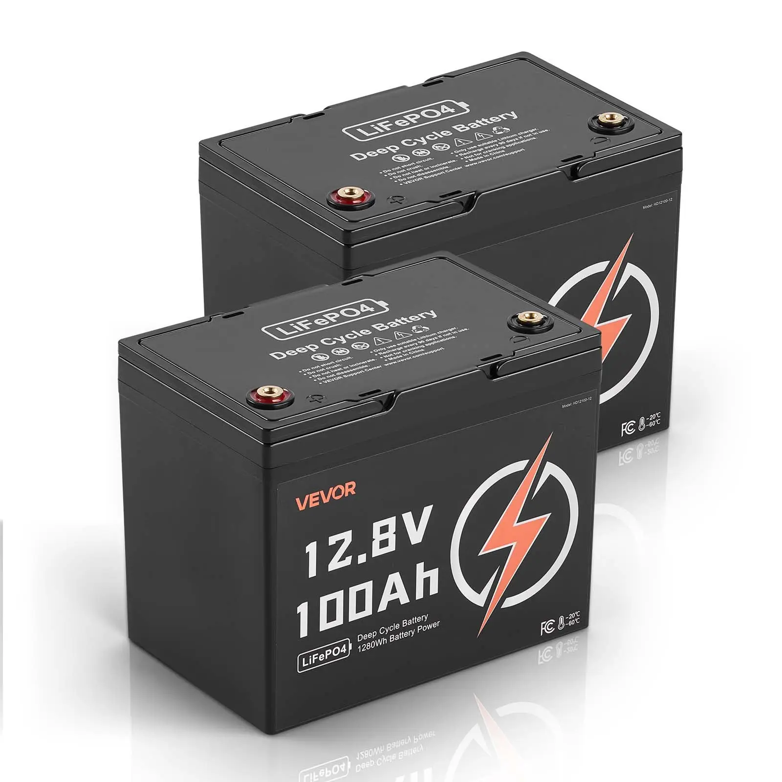 VEVOR 2 Pcs 12.8V 100Ah LiFePO4 RV Batteries - 20.5 lbs, Built-in BMS, 15000 Cycles Deep Cycle Cells, 50A Max Charge/Discharge, Low Temp & Overload Protection, 10-Year Lifetime for Solar Powered Home Storage, Boat