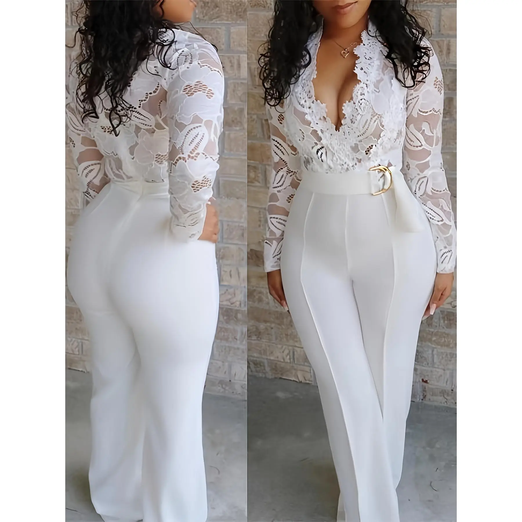 Women's Polyester Mesh Patchwork Lace Long Sleeve Skinny Overalls, Long Pants Jumpsuit