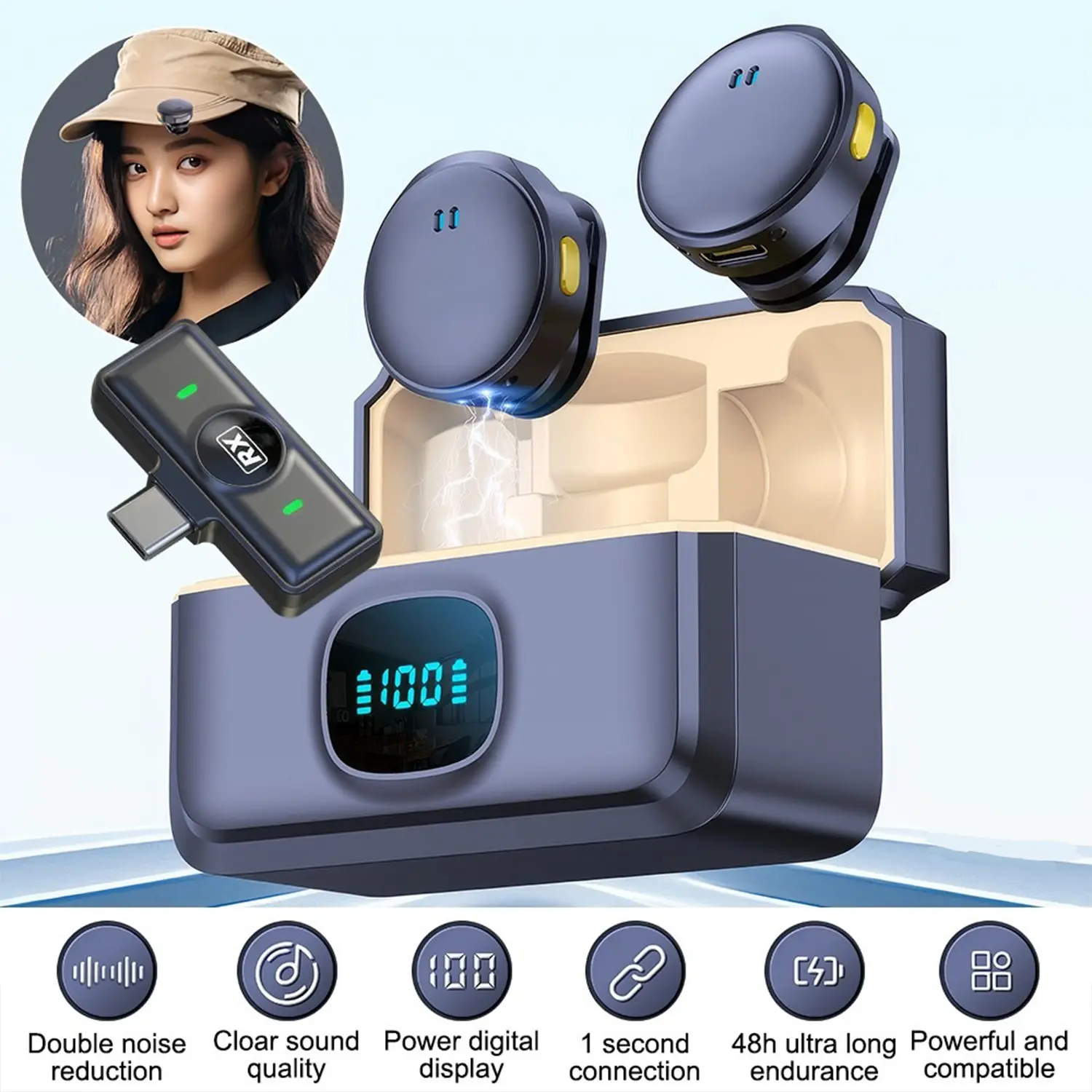 Wireless Lavalier Microphone with Charging Case, Type-C Receiver, USB Rechargeable, Noise Reduction, Ideal for Live Streaming, Video Recording, Gaming