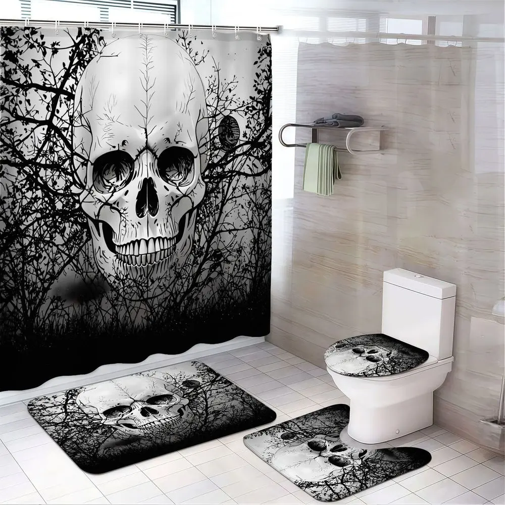 4pcs Halloween Skeleton Skull Shower Curtain Set, Spooky Tree Branches & Flying Skulls Gothic Bathroom Decor, TikTok Trending Festive Party Supplies
