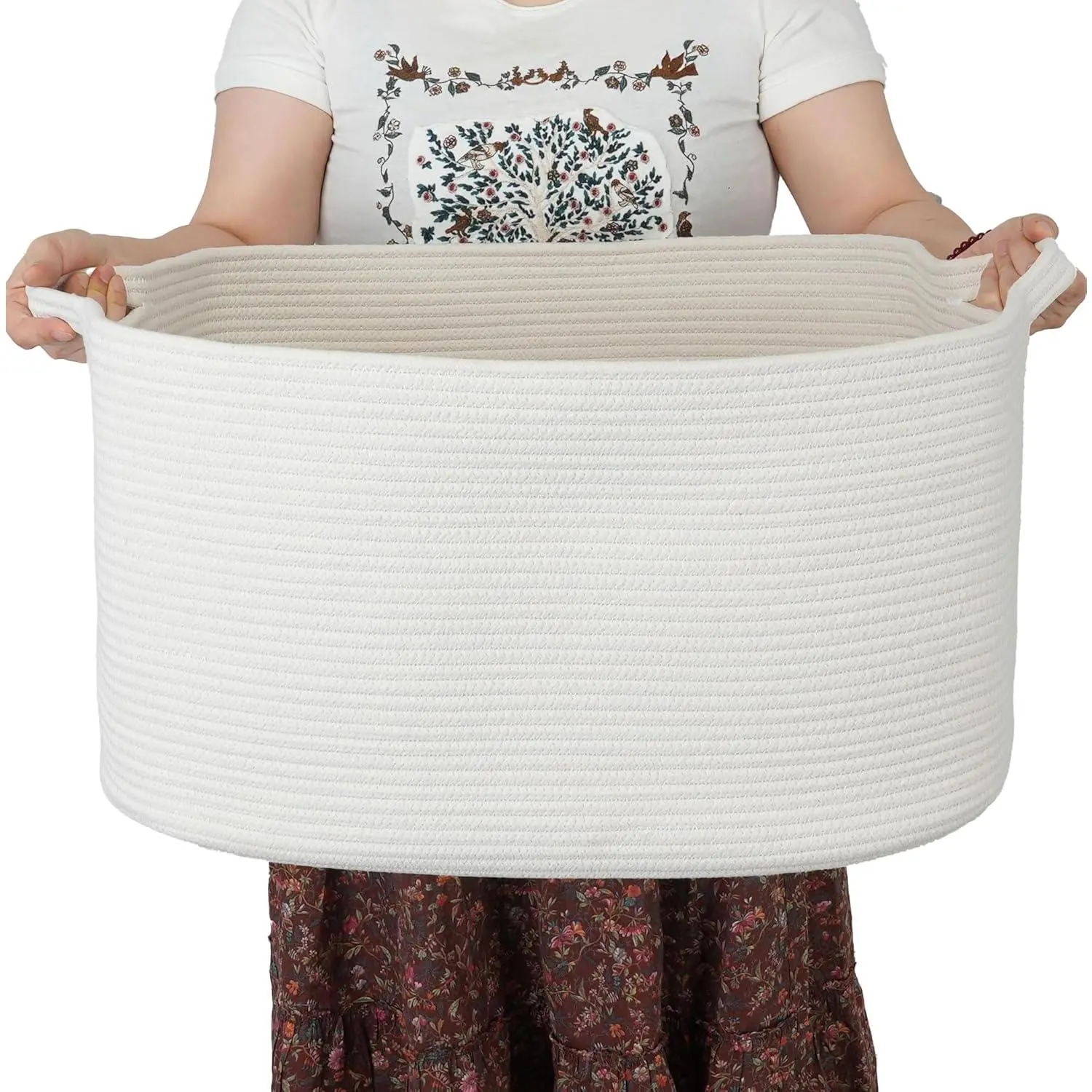 Large Rectangle Woven Cotton Rope Storage Basket 22"x17"x12" - Perfect for Living Room, Nursery, Toy, Laundry, Towels, Clothes - White Home Organization Bin for Kids, Dogs, and More