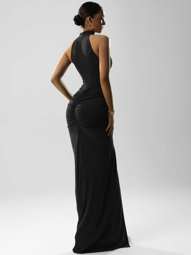 Women's Solid Ruched Halter Neck Bodycon Dress, Elegant Fashion Sleeveless Split Hem Dress for Party Club Dating Wear, Women Dress for Summer, Bodycon Side Slit