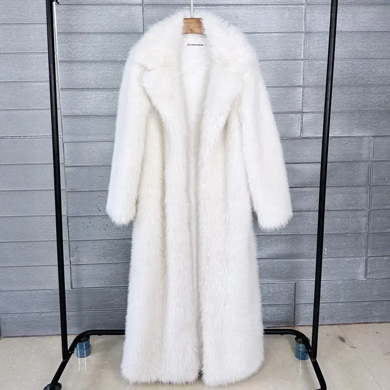 Long Faux Fur Coat Women Autumn Winter Large Jacket Overcoat White Turn Down Collar Pockets Thick Coat Warm Jackets Maxi Coats.