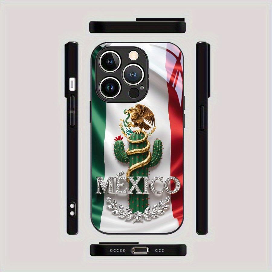 Exquisite 2D Pattern Mexican Flag Diamond Badge Glass Phone Case, Suitable for iPhone 17 16, 15, 14, 13, 12, 11 Plus Pro Max