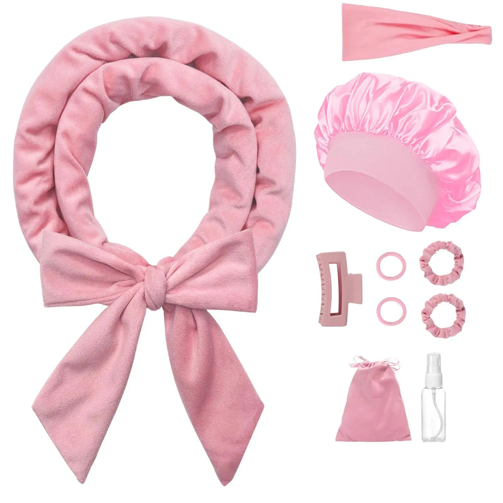 No Heat Overnight Curl Headband, 70" Soft Ribbon Curl Wrap for Long Hair - 9 PCS Rods Set with Bonnet, Pink