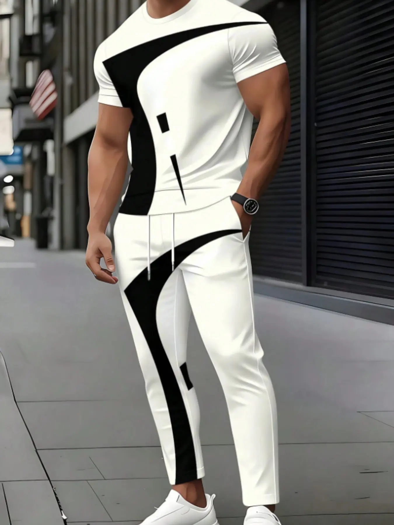 Men's Short Sleeve + Long Pants Set, 3D Printed, Casual Daily Wear, and Geometric Design, All Seasons, Fitted Style