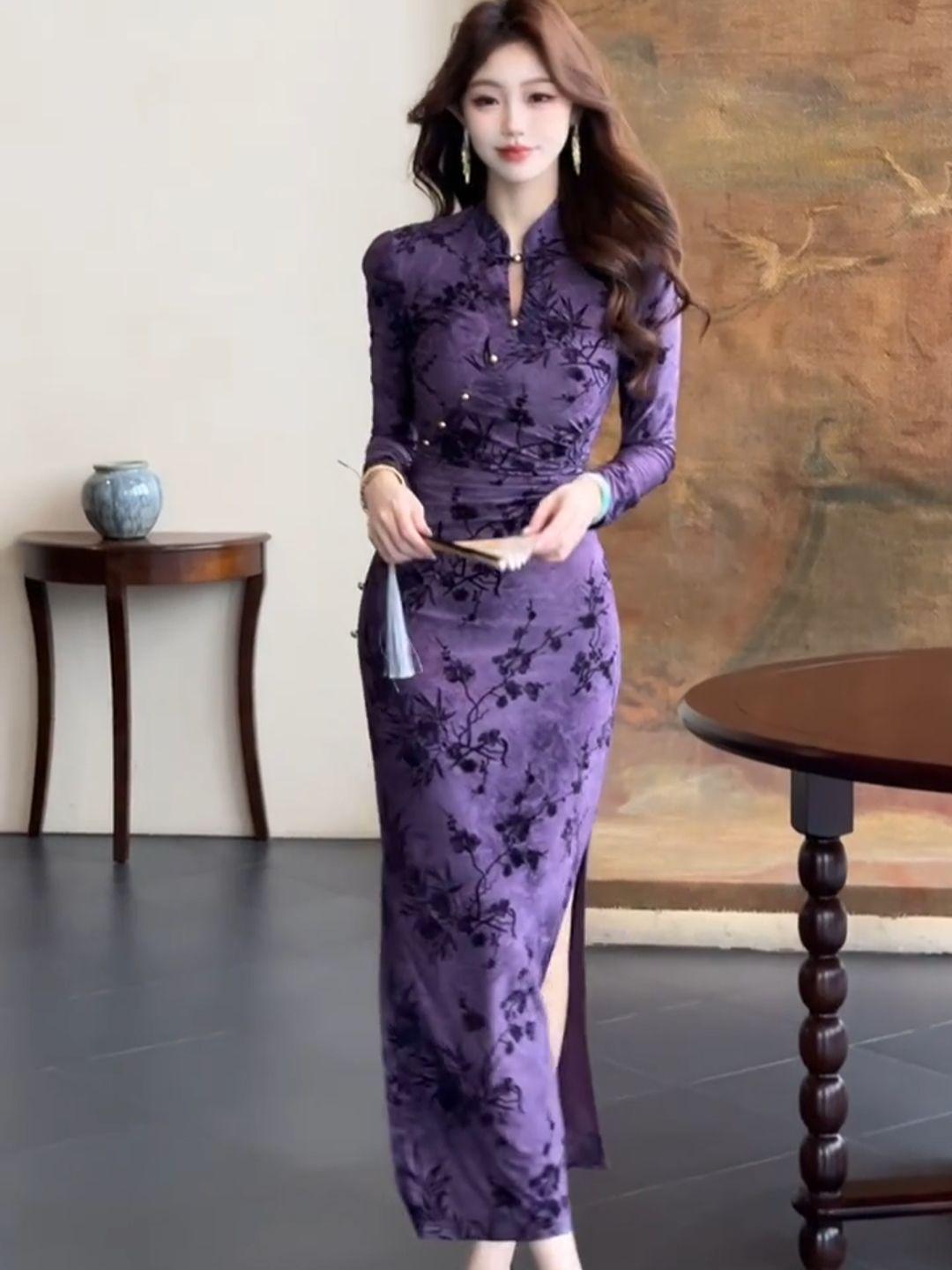 Early Autumn New Chinese Style Improved Cheongsam Light Luxury High-end Feel Various Styles Purple Printed Button Dress for Women