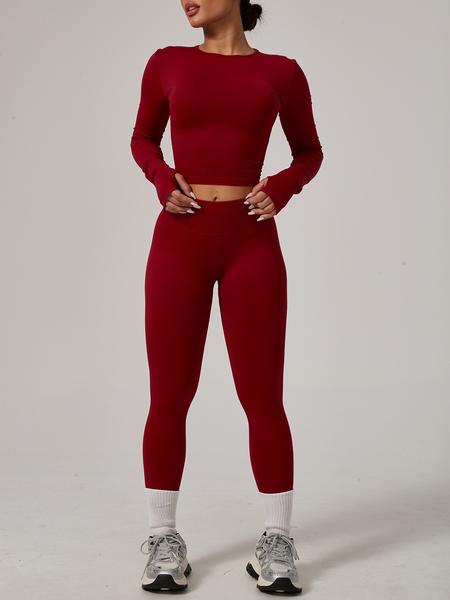 Women's Seamless Knitted Long-Sleeved Sports T-Shirt, Slim-fit, slimming, waist-cinching, Quick-drying, elastic thumb holes, Sports tight-fitting, breathable running, Yoga wear, Gym Tops, Fitness Running Tops