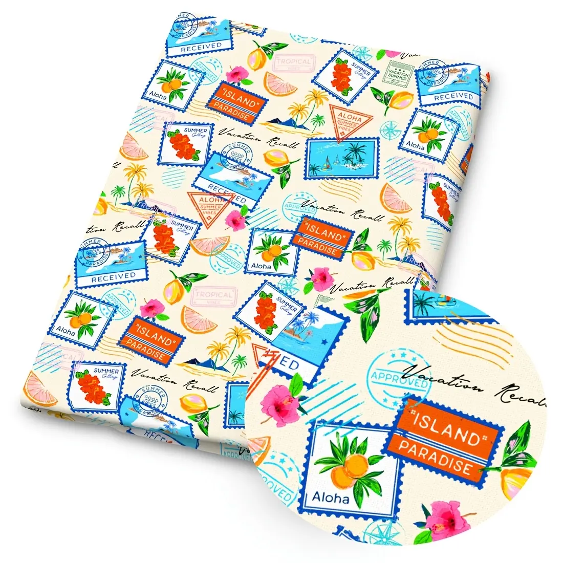 1 piece of summer island vacation-themed printed fabric—59 x 19.68 inches (150 x 50 cm) of pre-cut polyester fabric featuring a tropical fruit and seashell beach pattern—perfect for sewing, scrapbooking, tablecloths, and crafts