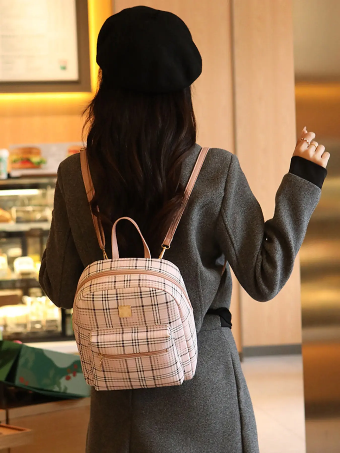 Women's Plaid Mini Backpack, Fashion Small Casual Bag, Front Zip Pocket, Ideal for Commuting, Travel, School Use, All Seasons