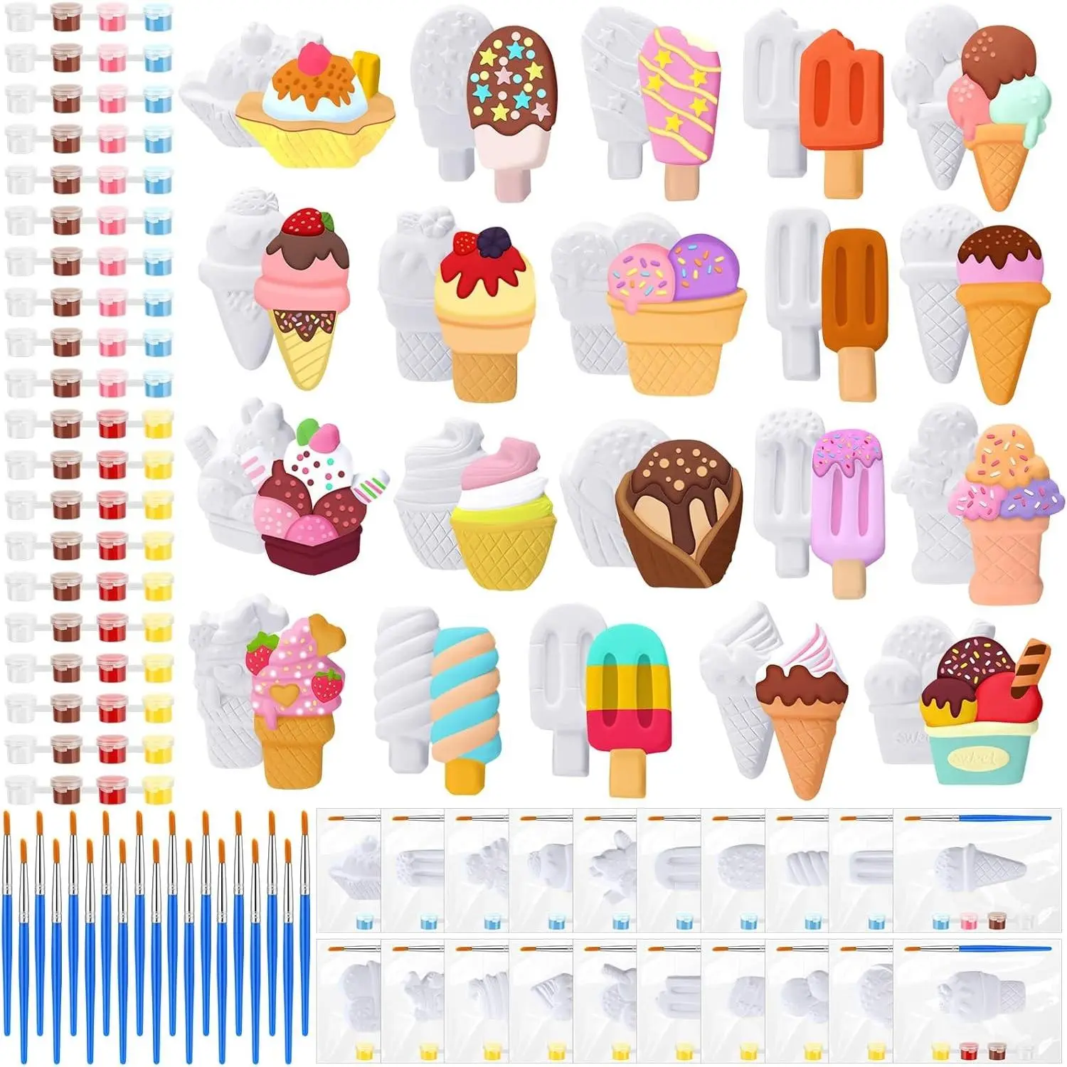 20 Set Ice Cream DIY Painting Kit, Ceramic to Paint Your Own Ice Cream Statues Unpainted Plaster Figurines with Brushes Acrylic Paints Bags, Ideal Party Favor for Adults