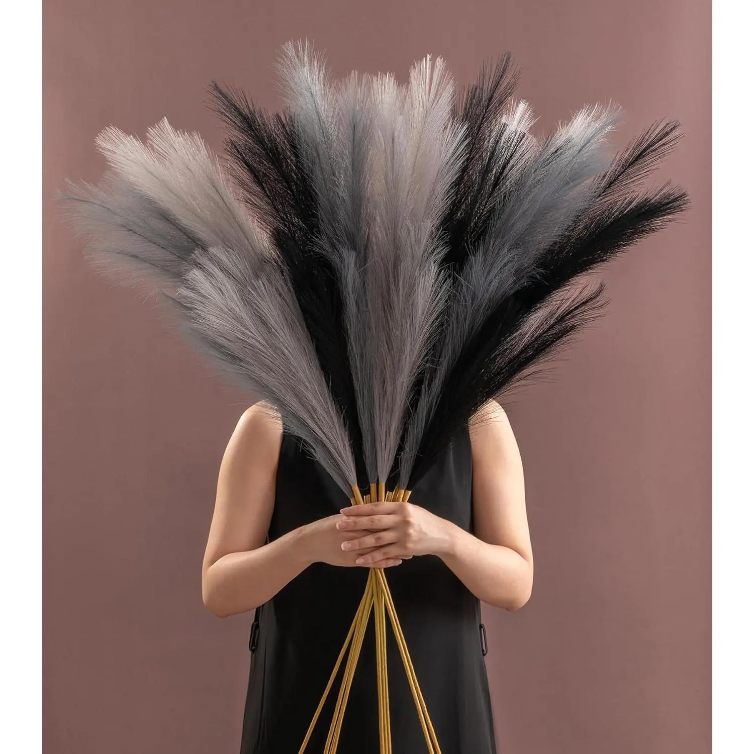 9 count 45" Faux Dried Pampas Grass Tall Decor,   Long Pompas Artificial Black Grey Gray Pompous Stems Bouquet Flower Arrangement Vase Filler for Boho  Wedding Decoration