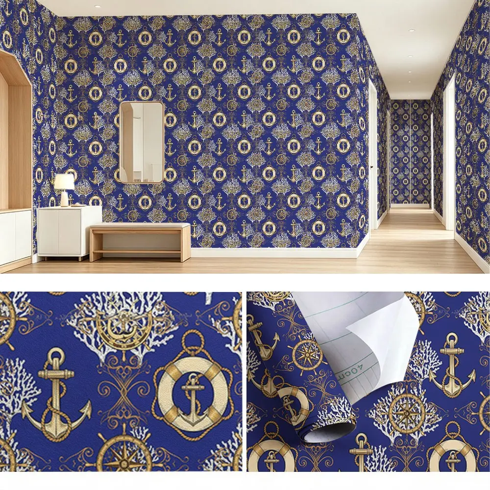 Classic Mediterranean Nautical Wallpaper Roll, PVC Adhesive Backing, Easy Peel & Stick, Ideal for Kitchen/living Room/bedroom Decor