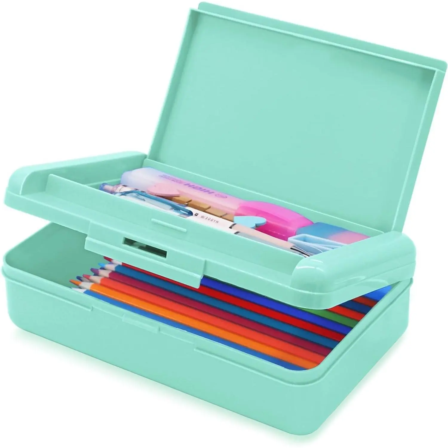 Double Layer Hard Plastic Pencil Case for Kids - Cute Colored Pen Box for Markers & Crayons, School Office Art Supplies Storage Organizer, Medium, GreenGift