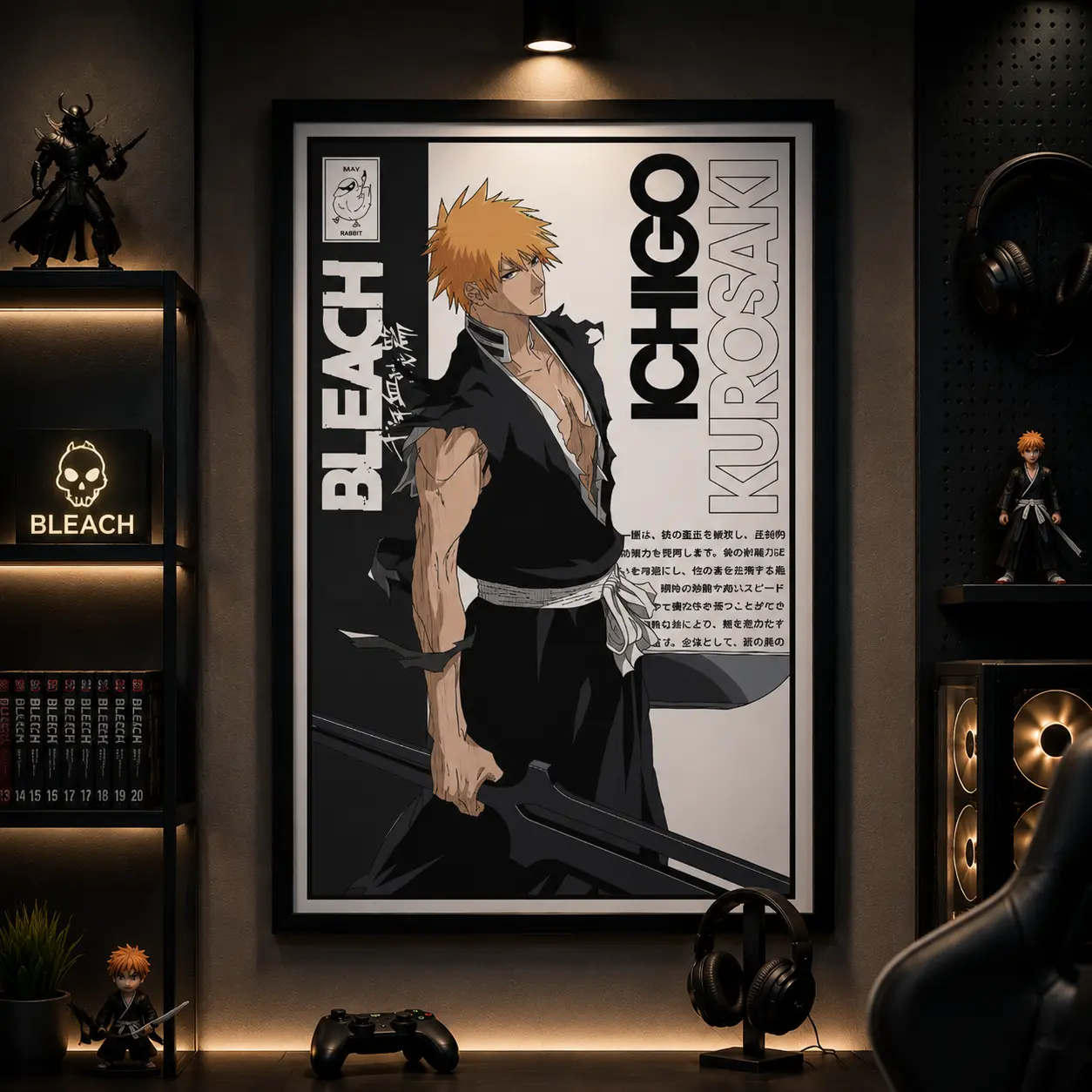 Bleach Anime Orange Hair Sword Fighter Canvas Poster, Ichigo Kurosaki Japanese Manga Wall Art Print, Black White Bedroom Dorm Game Room Decor, Anime Fan Boyfriend Gift