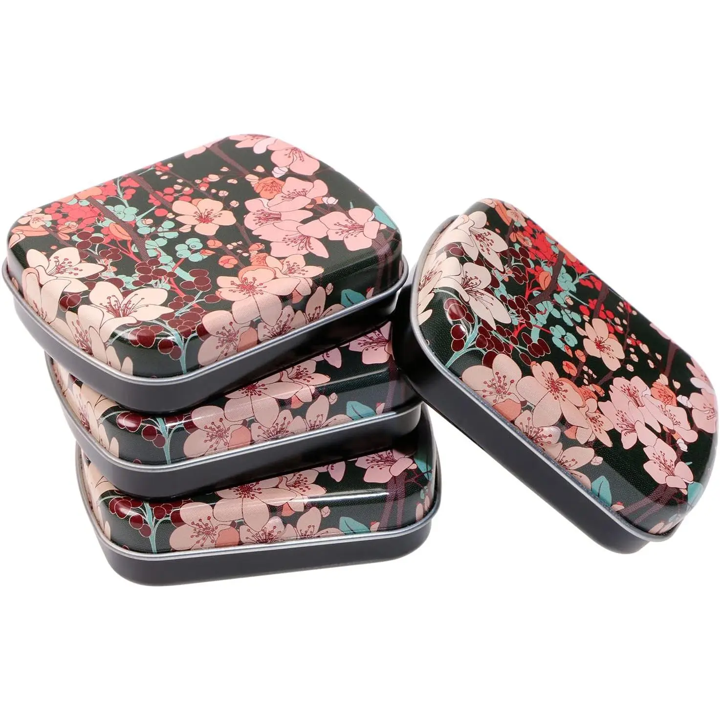Small Metal Portable Storage Box,  Rectangle Empty Hinged Tins with Lid,  Organizer for Drawing Pin, Pills, Candies, Earring and  Craft, 4 count(Black & Floral)