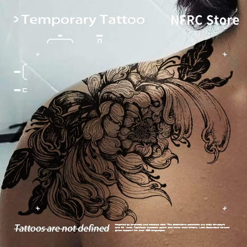 Stippling Vintage Large Peony Floral Herbal Juice Semi Permanent Tattoo Sticker Waterproof Long Lasting Fake Body Tattoo Unisex Shoulder Back Elegant Dark Body Art Decal