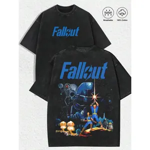 Retro Distressed Washed Black Aesthetics Front Blue Bold "Fallout" Typography (With Lightning Accent) + Back Blue Bold "Fallout" Typography (With Lightning Accent) +