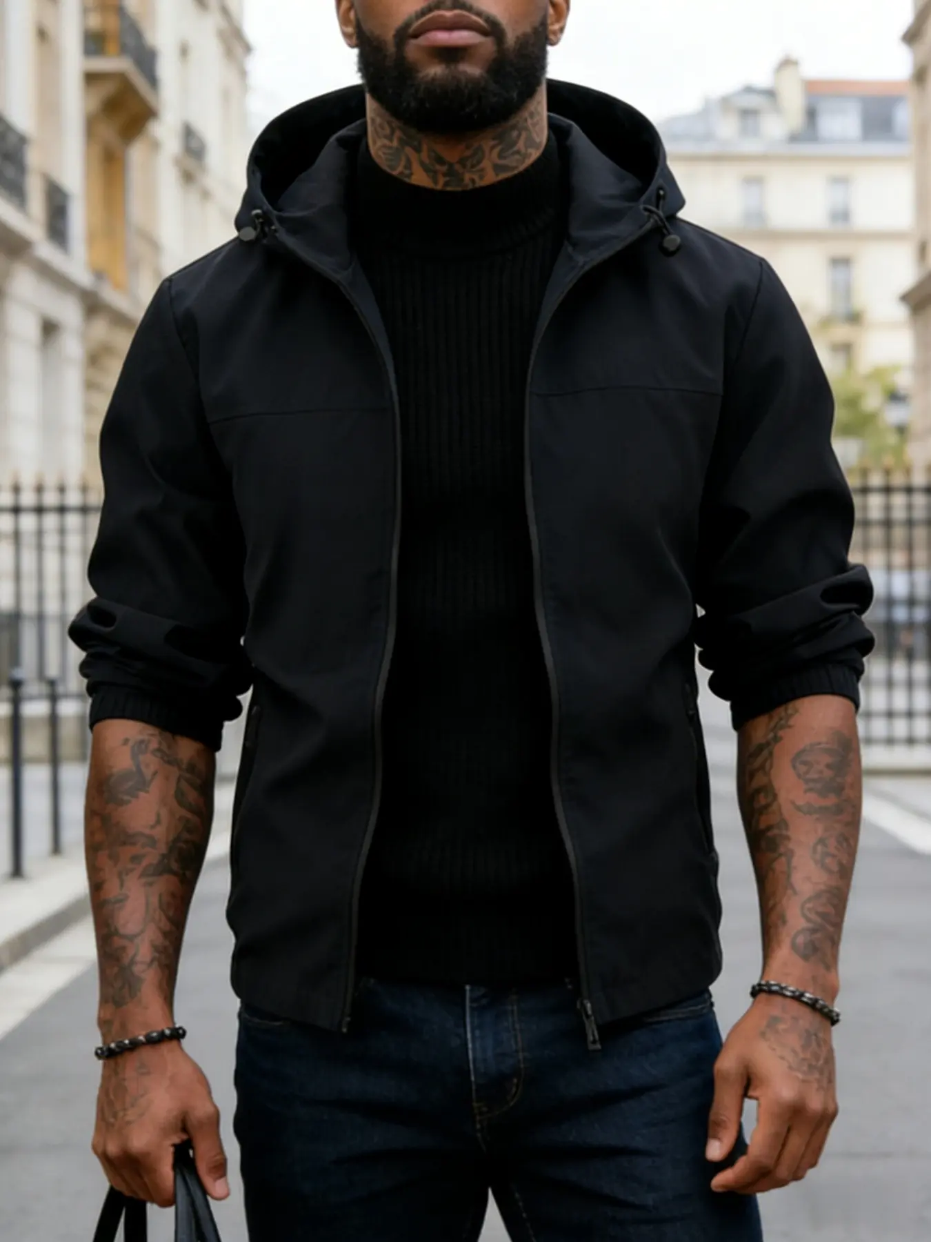 Men's Casual Hooded Jacket, Long Sleeve, Zippered Closure, Zippered Pocket Design, Solid Color Versatile Windproof Coat, 100% Polyester Easy-to-Care Fabric, Machine Washable, Suitable for Daily Wear, Sports, and Formal Occasions - Spring and Autumn