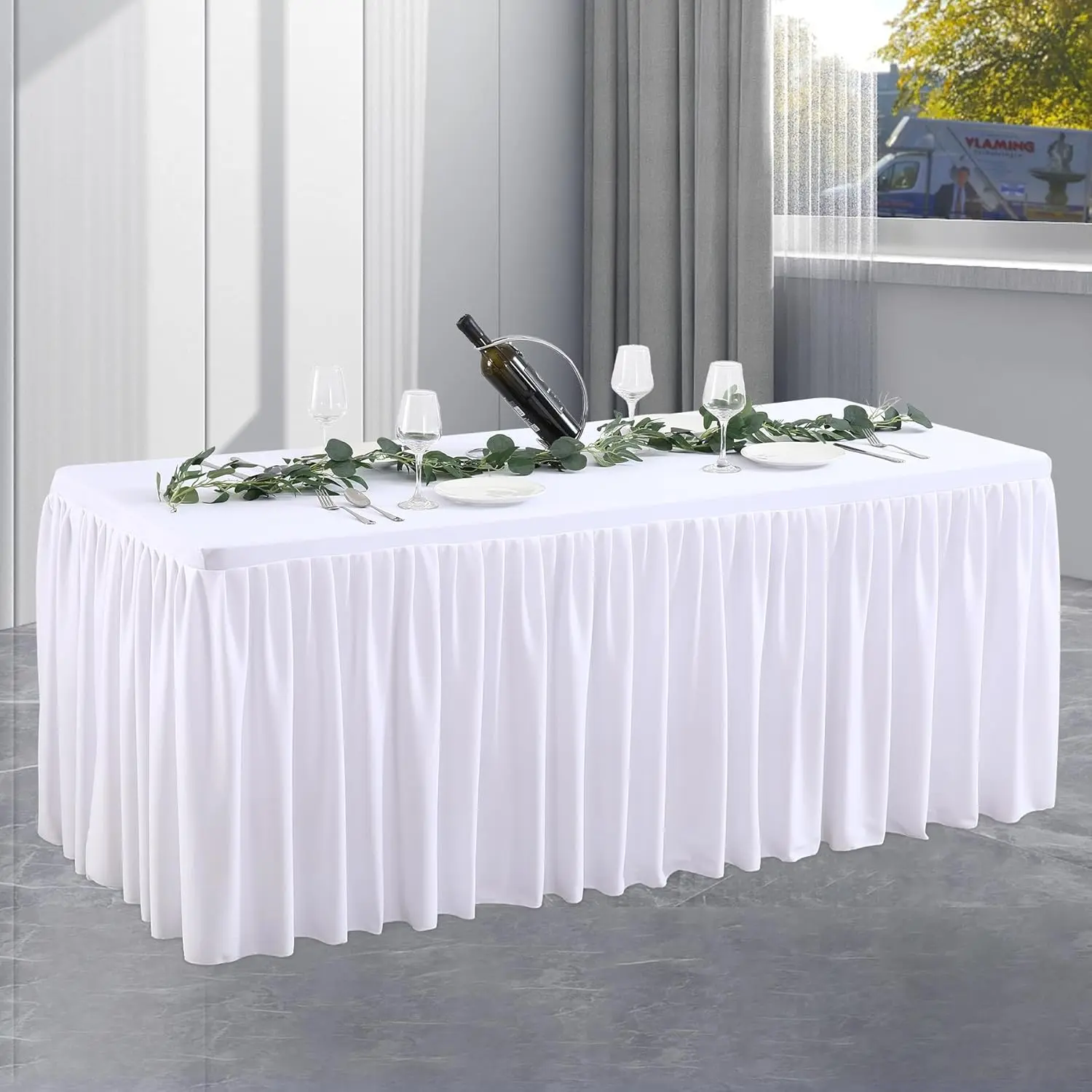 White Tablecloth Rectangle Tables 6FT, Polyester Wrinkle Free Stretch Table Cloth 6ft Pleated Ruffle Fitted Table Cover with Skirt for Weddings Birthday Banquet Baby Shower