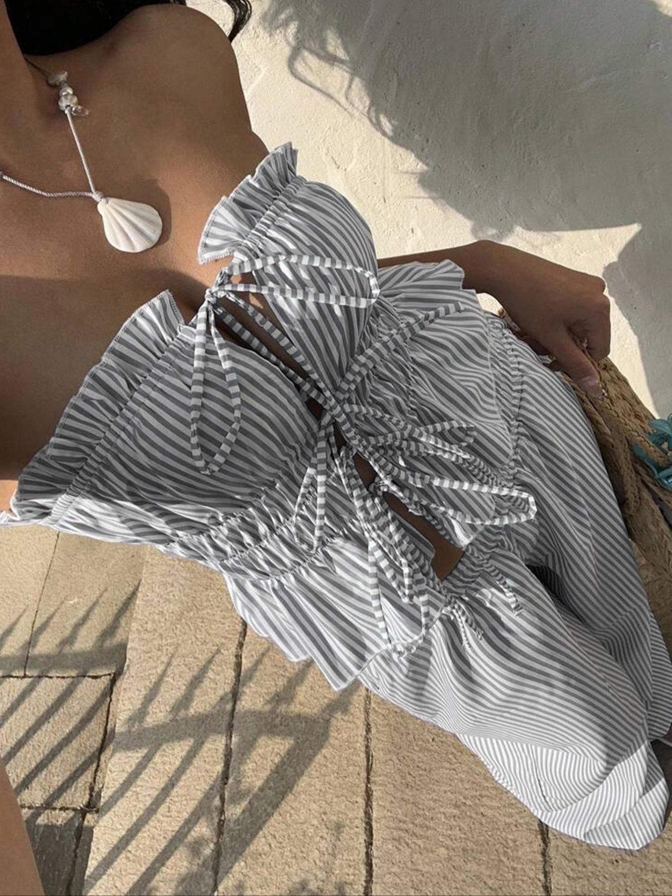 Women's Striped Print Tie Front Top & Wide Leg Pants Set, Casual Fashion Cozy Two-piece Set for Daily Outdoor Wear, Ladies for Summer, Cute Summer Outfit, Casual Loungewear Set, Soft Lounge Sets, Summer Clothing Set