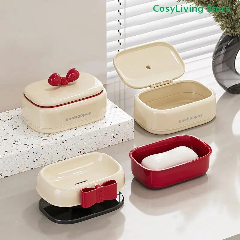 Portable Waterproof 2-Layer PP Plastic Soap Dish with Drain Holes, Lid & Bow Design, Stylea Beautiful Durable Travel-Size Holder for Bath & Gym Toiletries