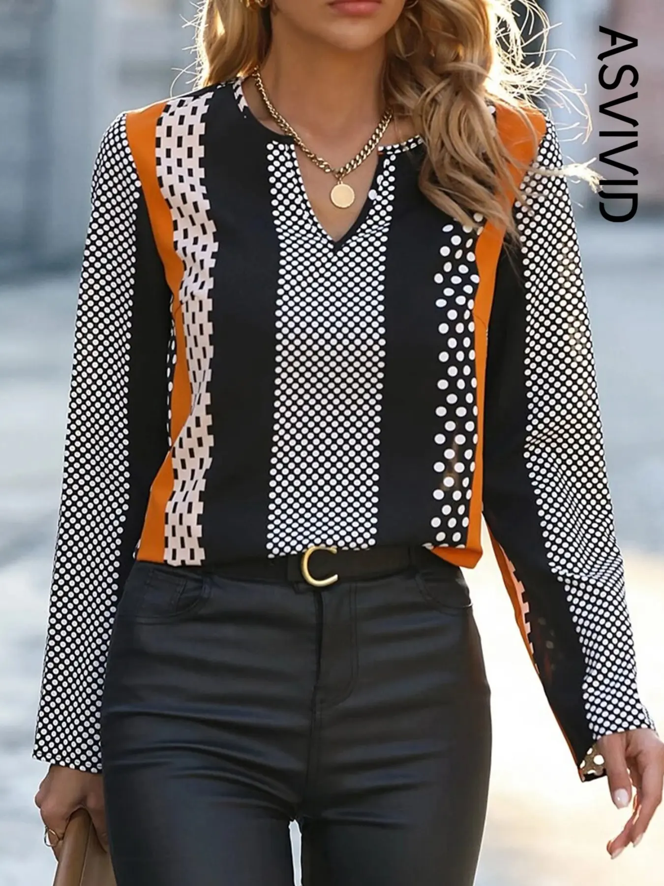 Women's Casual V-neck Regular Shoulder Shirt with Geometric Print and Color-blocking Design
