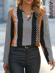 Women's Casual V-neck Regular Shoulder Shirt with Geometric Print and Color-blocking Design