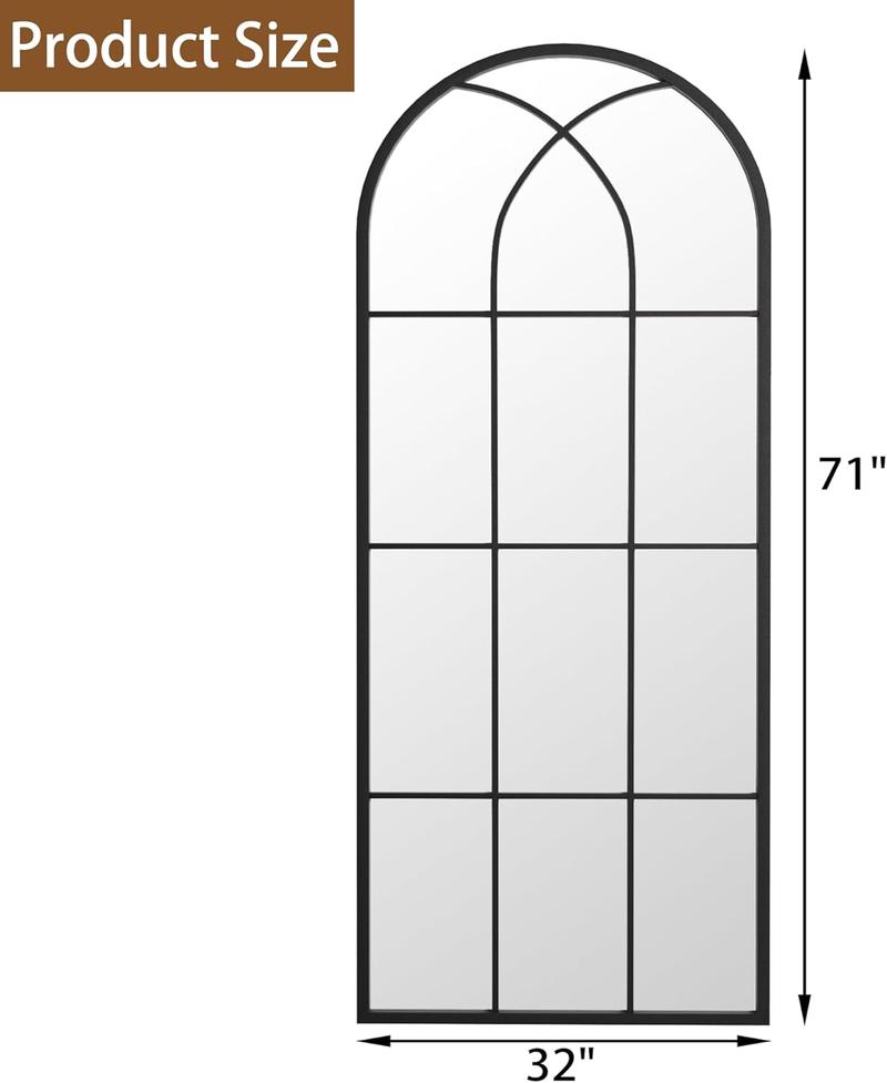 Mirror Full Length, 71"x32" Large Arched Mirror, Black Full  Window Pane Mirrors, Oversize Farmhouse Standing Wall Mirrors Hanging or Leaning for Living Room, Entryway, No Stand