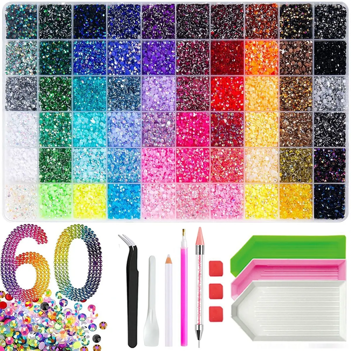 60 Colors 60000 Pieces DIY Nail Art Rhinestones, Bling Rhinestone, Bright Decorative Drills with Adhesive Tool Kit, Ideal for DIY Nail Art and Fashion Crafts