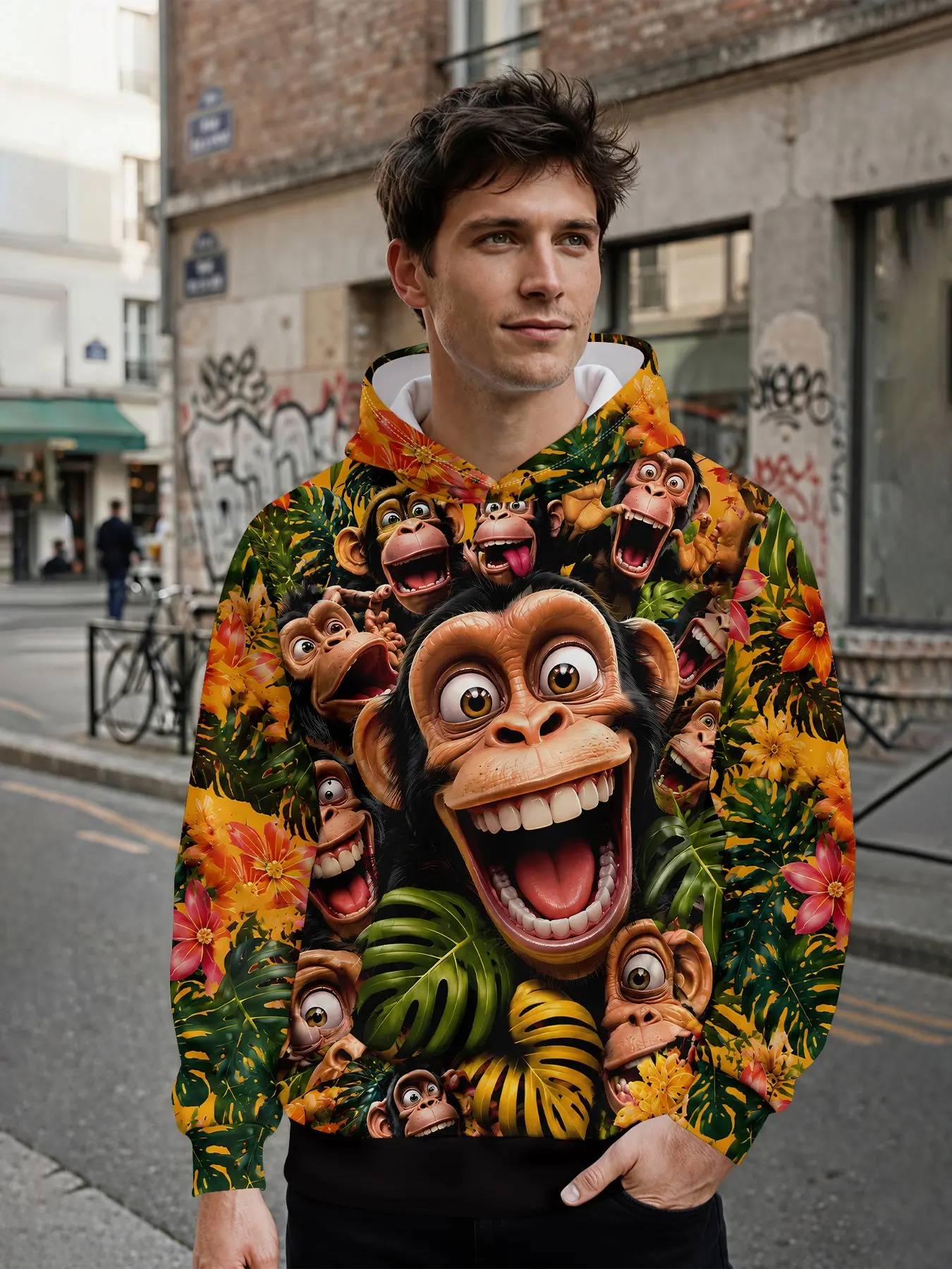 Tropical Rainforest Monkey Print Men's Hooded Sweatshirt, Casual Fitted Design, Perfect for Spring & Fall, Ideal Gift for Men
