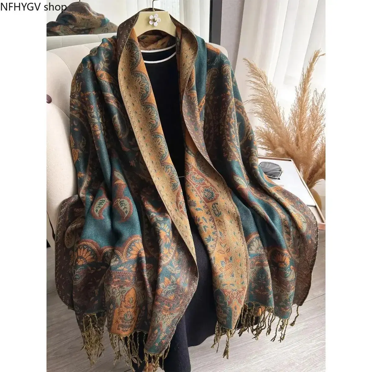 Women Tencel Boho Floral Print Chiffon Shawl Wrap With Tassels, Plain Tone Boho Flow Style Scarf, Multi-Purpose Shoulder Accessory For Ladies Daily Outdoor Styling Use