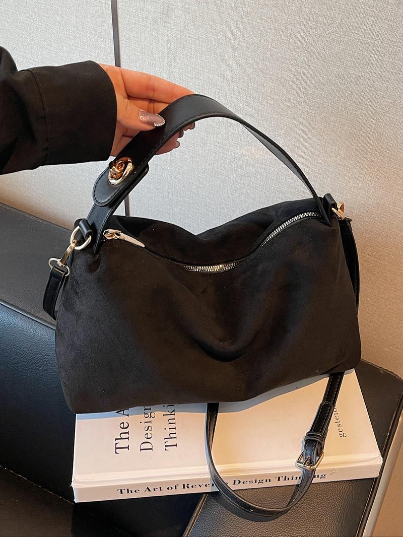 American Minimalist Vintage Suede Top-Handle Bag, Zipper Closure, Versatile Daily Handbag for Work & Casual