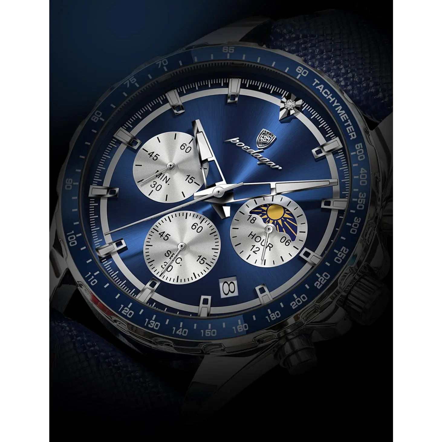 Men's Multifunction Sport Quartz Watch - 44mm Alloy Case, Genuine Leather Strap, Luminous Pointer, Chronograph, Countdown, Moon Phase, Tachymeter, 30M Water Resistant for Daily Handwashing