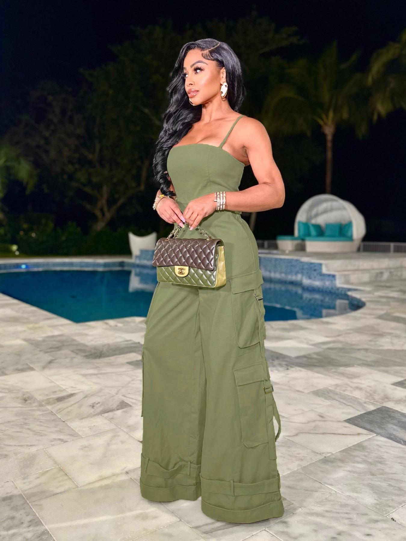 Women's Plain / All Over Print Multi-Pocket Wide Leg Cargo Jumpsuit, Casual Tape Decor Backless Spaghetti Strap Cami Sleeveless Jumpsuit, Ladies Clothes For Streetwear