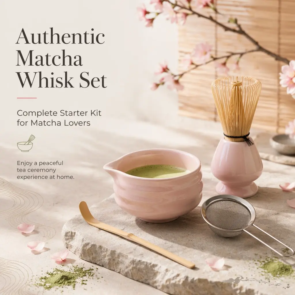 Japanese Authentic Matcha Set, Ceramic Chashaku Tea Bowl, Bamboo Whisk, Spoon, Sieve, Home Tea Ceremony Kit, Gift Box