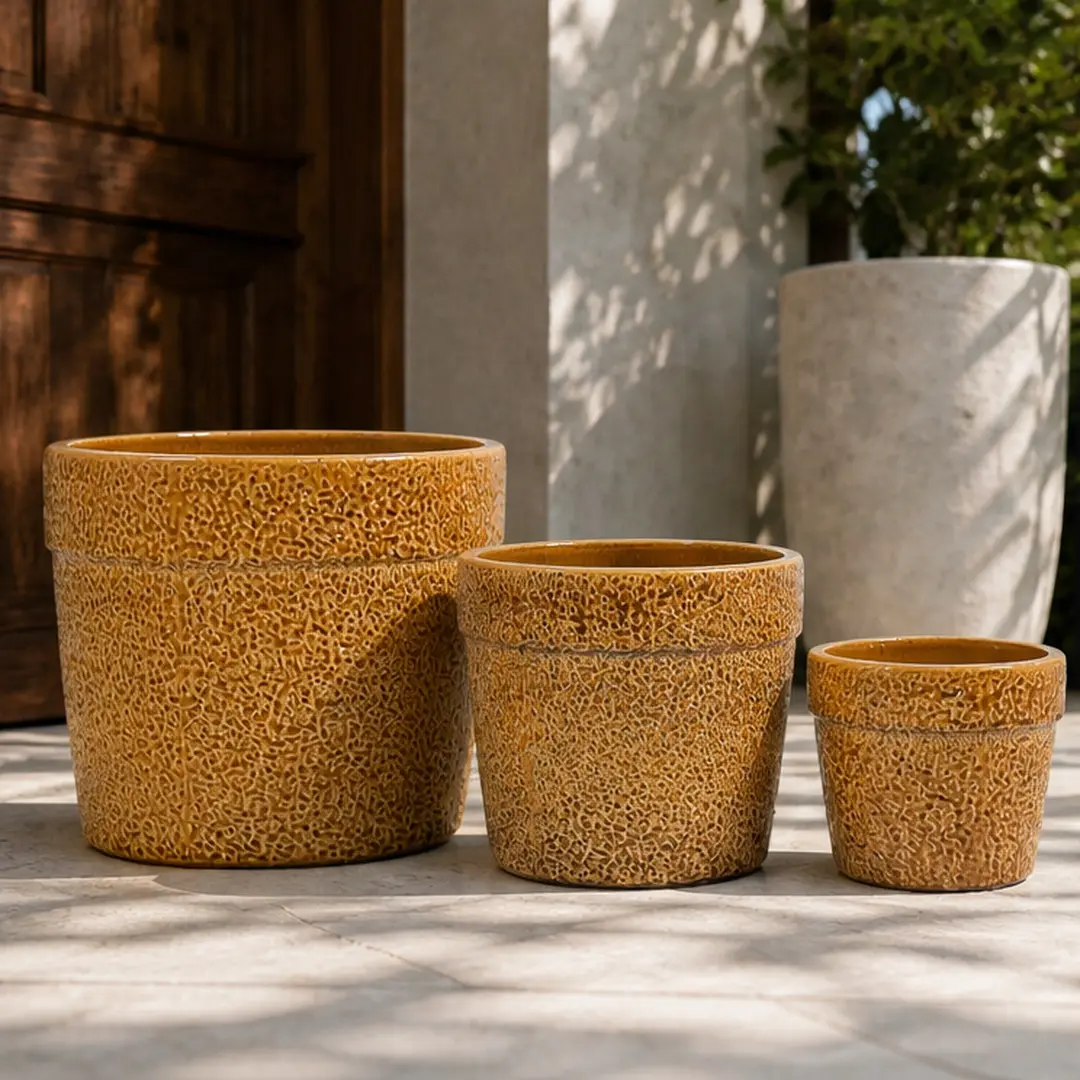 ARCH Handmade Rustic Ceramic Planter Set of 3 (15.00" w x 15.00" d x 13.00" h, 12-inch & 9-in Diameter) - Earth-Tone Speckled Glaze Breathable Clay Jar, Decorative Garden Pots, Planting Pots Outdoor for Orchids, Windowsill (Antique Yellow)