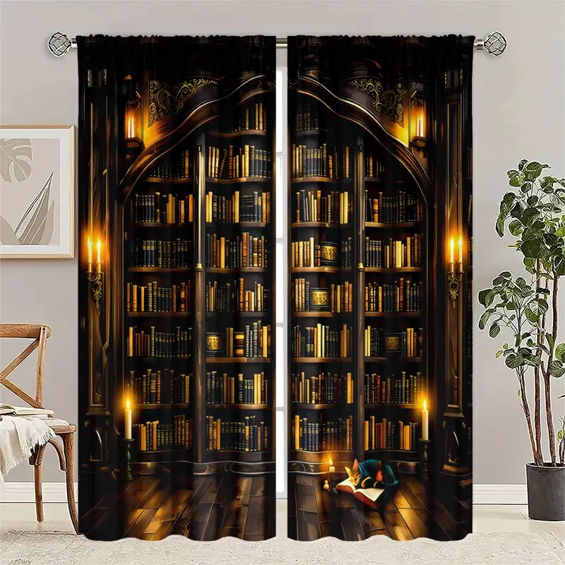 2-piece set - Retro Magic Library - Embroidered semi-transparent curtains, rod pocket curtains, Curtain Panels, suitable for living room, bedroom, home decoration, machine washable, hookless