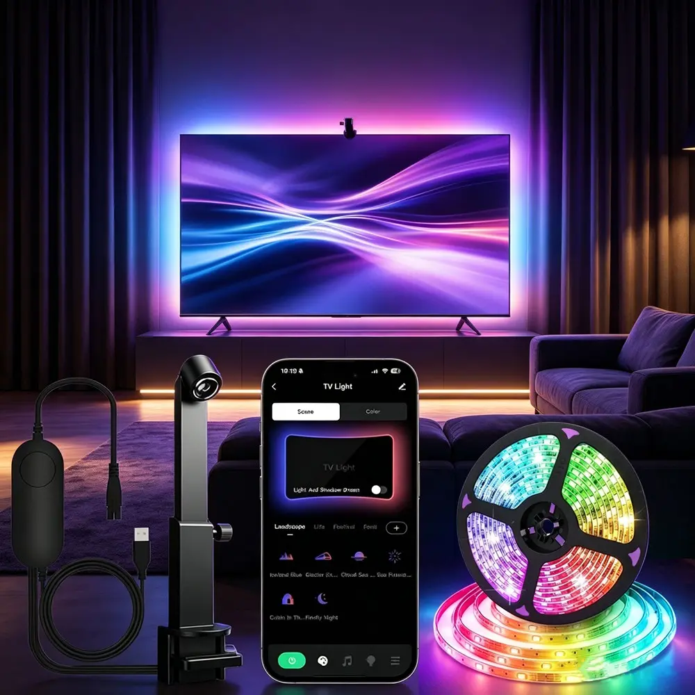 Immersive TV LED Backlight with Camera Screen Sync, RGB Ambient Light Strip, Smart App Control, Real-Time Screen Color Matching for Gaming Room, Home Theater, Living Room Decor