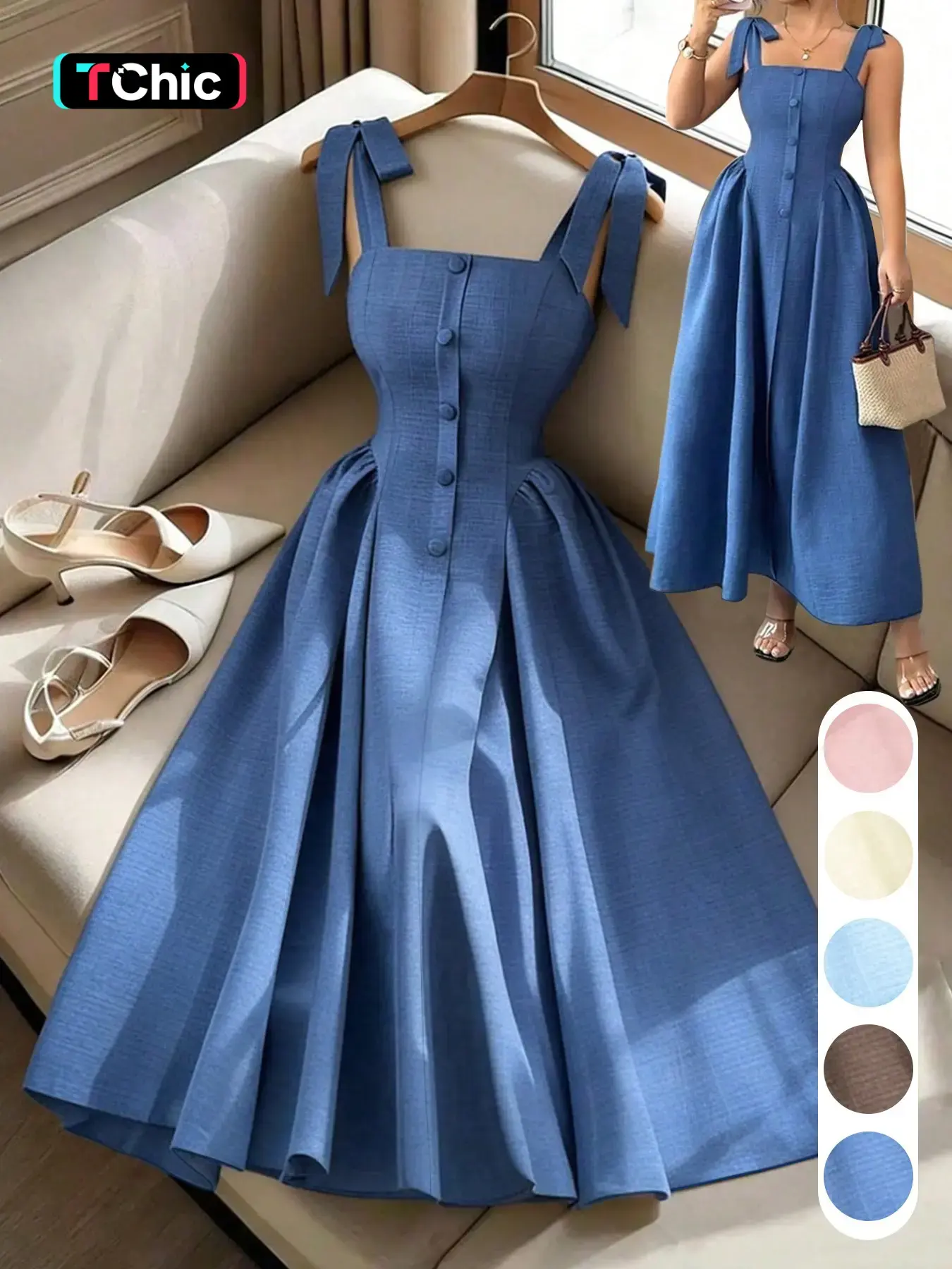 Elegant Chic Square Neck Belted Dress, Butterfly Strap Choker Dress, Pure Color Slimming Long Dress, A Line Dress, Summer New Arrival, Daily Wear