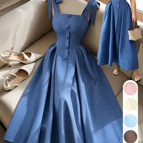 Elegant Chic Square Neck Belted Dress, Butterfly Strap Choker Dress, Pure Color Slimming Long Dress, Summer New Arrival, Daily Wear, Casual Dress
