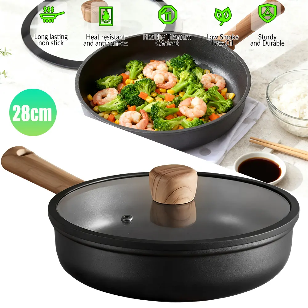 11" Non Stick Frying Pans Skillet with Lid, Non Toxic Healthy Chef's Pan for Eggs, Works as Small Wok for Cooking, Kitchen & Home Essentials, Induction Compatible, Black