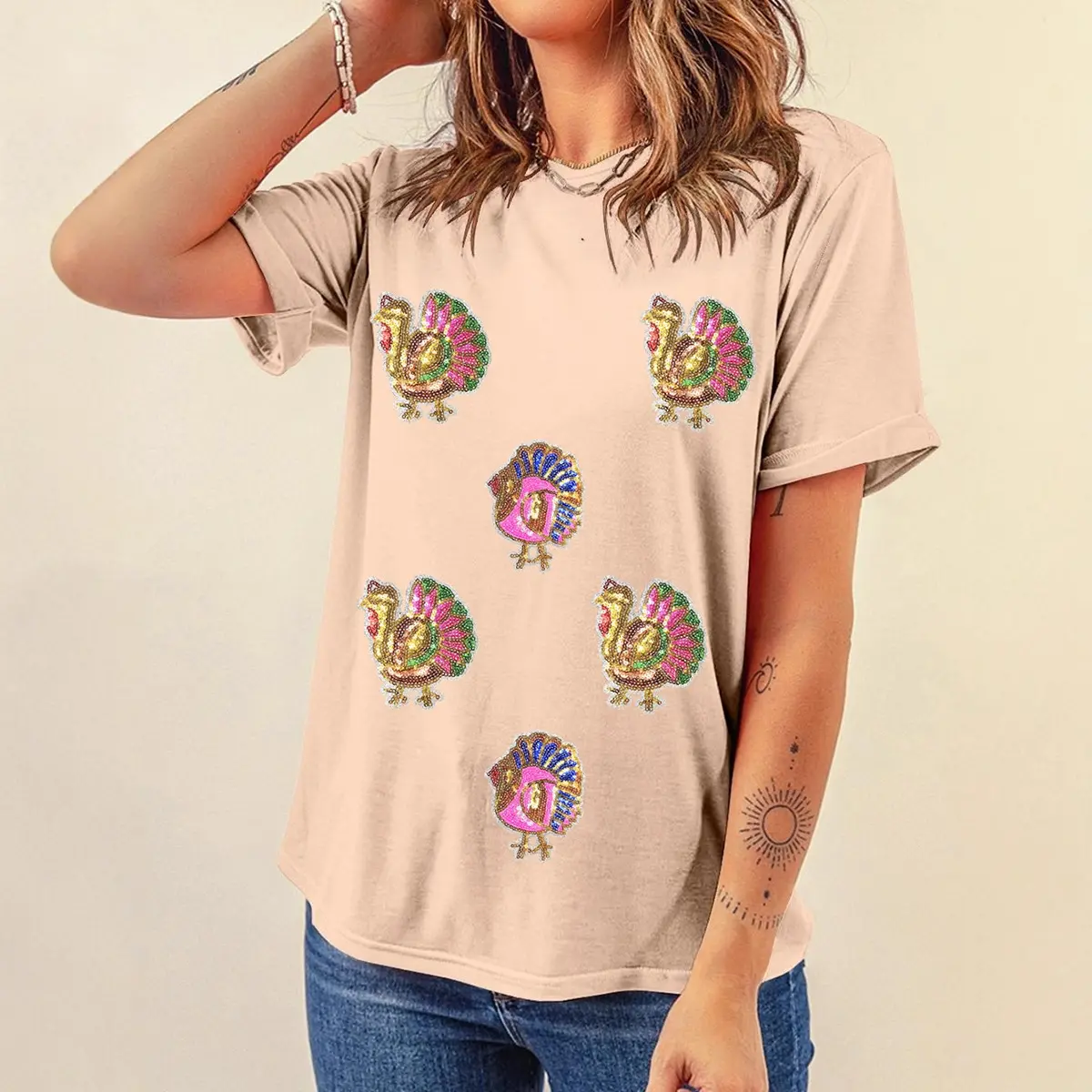 Women's Casual Short-Sleeve Colored Sequin Glitter Fabric T-Shirt, Khaki Thanksgiving Holiday Top with Sequin Turkey Patch, Colored Sequin Glitter Fabric Women's T-Shirts