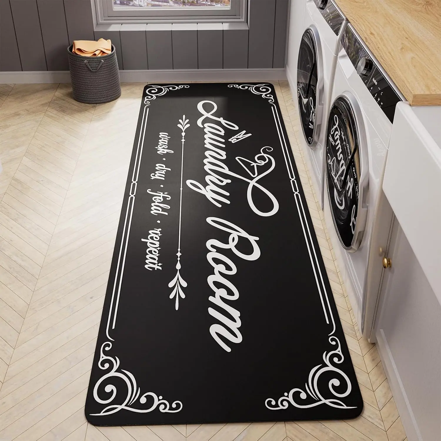 Non-Slip Laundry Room Rug Runner 17.3"x47.2" Washable Floor Cushioned Rubber Carpet Black Bathroom Hallway Mudroom Kitchen Mat for  Entryway Washroom Decor Accessories